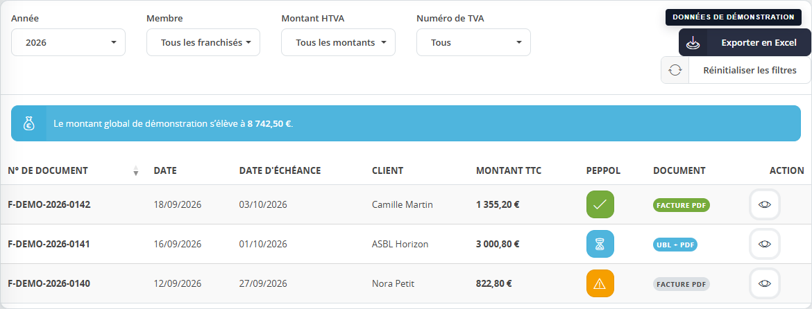 Liste réelle de factures Lenvora avec des références, clients, montants et statuts Peppol fictifs